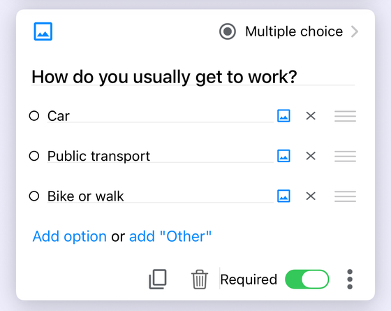 A multiple choice question being edited in Forms+ on iPhone. An Add image control sits at the top-left of the question card, and a separate Add image control sits on the row of each answer option &mdash; Car, Public transport and Bike or walk.