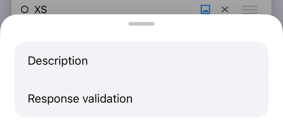 A question&rsquo;s menu sheet in Forms+ on iPhone with two rows, Description and Response validation, over a partly visible question row.