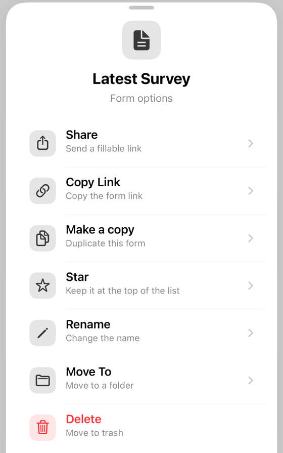 The form options sheet in Forms+ on iPhone for a form called Latest Survey, with rows for Share, Copy Link, Make a copy, Star, Rename, Move To and a red Delete.