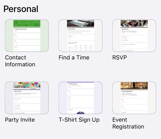 The template gallery in Forms+ on iPhone, showing the Personal category with Contact Information, Find a Time, RSVP, Party Invite, T-Shirt Sign Up and Event Registration as preview thumbnails.