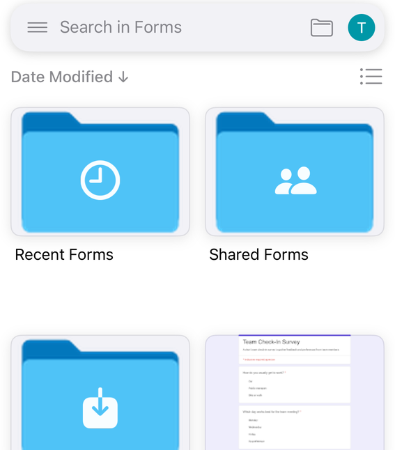 The Forms+ app on iPhone: a Search in Forms field, a Date Modified sort control, and the library below it — Recent Forms and Shared Forms folders on the first row, with a third folder and a form thumbnail starting on the row beneath, both cut off at the bottom edge.