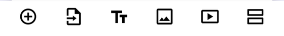 The editor’s insert row in Forms+ on iPhone &mdash; six icon-only controls whose accessibility labels are Add question, Import questions, Add title and description, Add image, Add video and Add section.