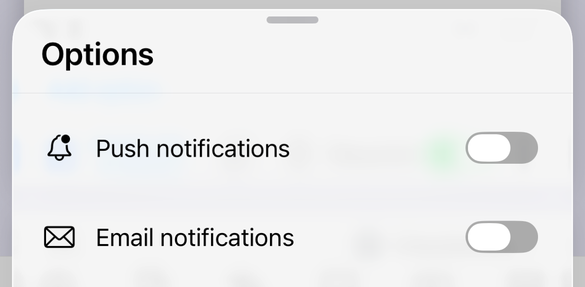 The notification Options sheet in Forms+ on iPhone, with Push notifications and Email notifications on separate rows, each with its own switch.