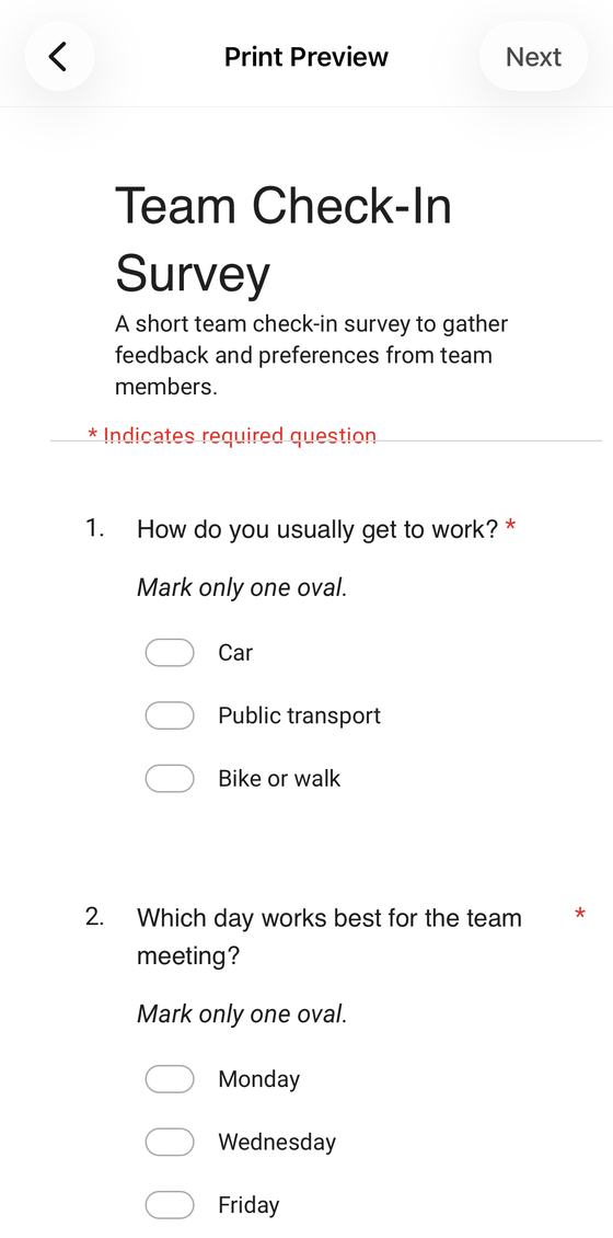 The Forms+ print preview on iPhone showing a blank Google Form laid out for paper: numbered questions, the Mark only one oval instruction, and empty ovals beside each answer option.