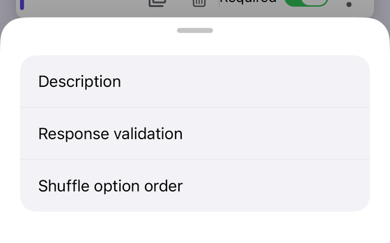 A question's options sheet in Form+ on iPhone listing Description, Response validation, and Shuffle option order, with the Required toggle visible above it.